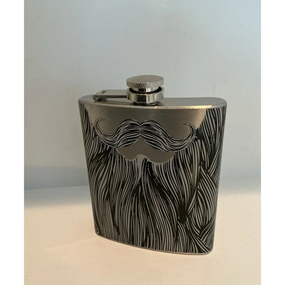 Silver & Black Metal Hip Flask 7 Oz Screw Cap Mustache Beard Novelty NWOT